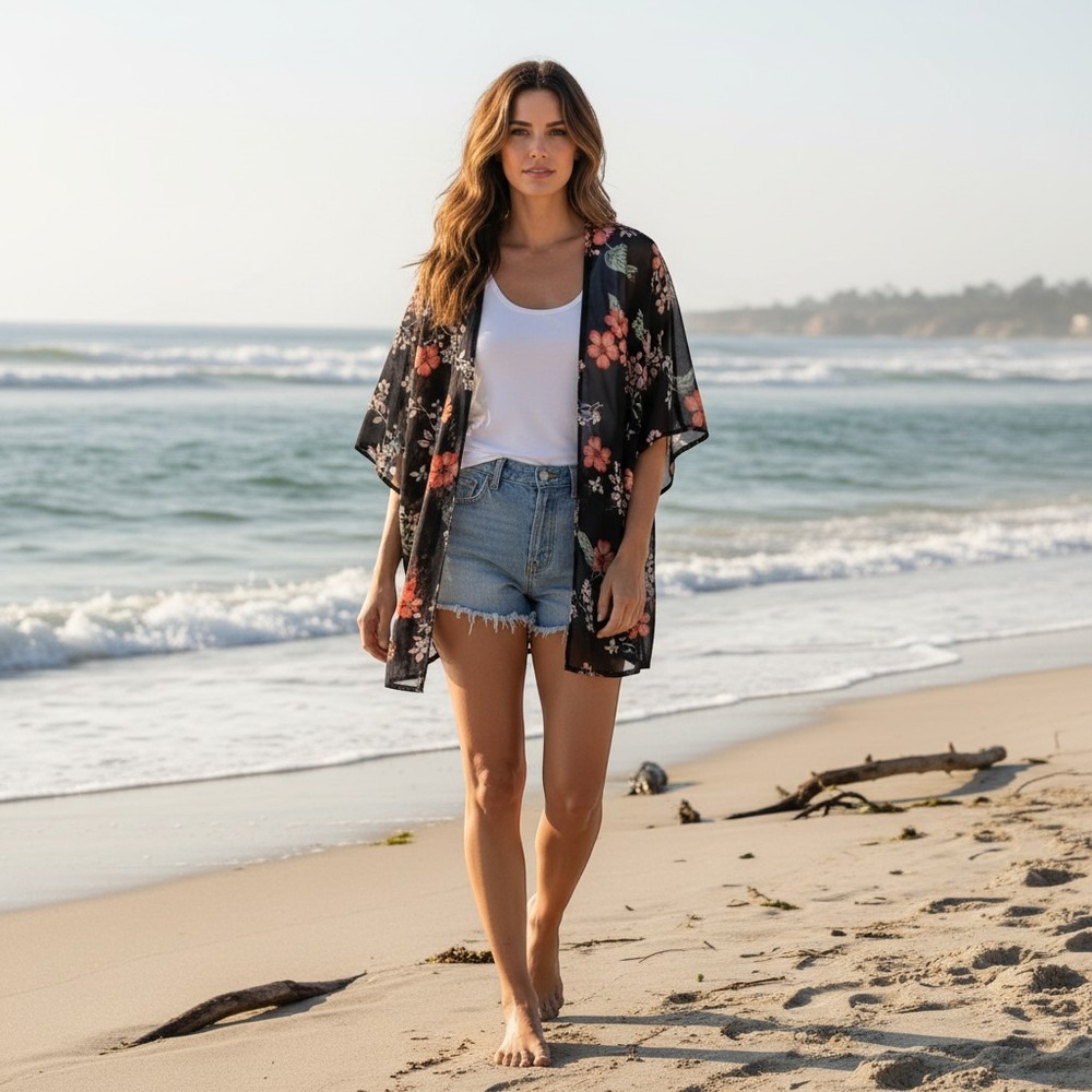 Windsor Womens Black‎ Floral Chiffon Kimono Wrap BOHO Open Front Summer Coverup